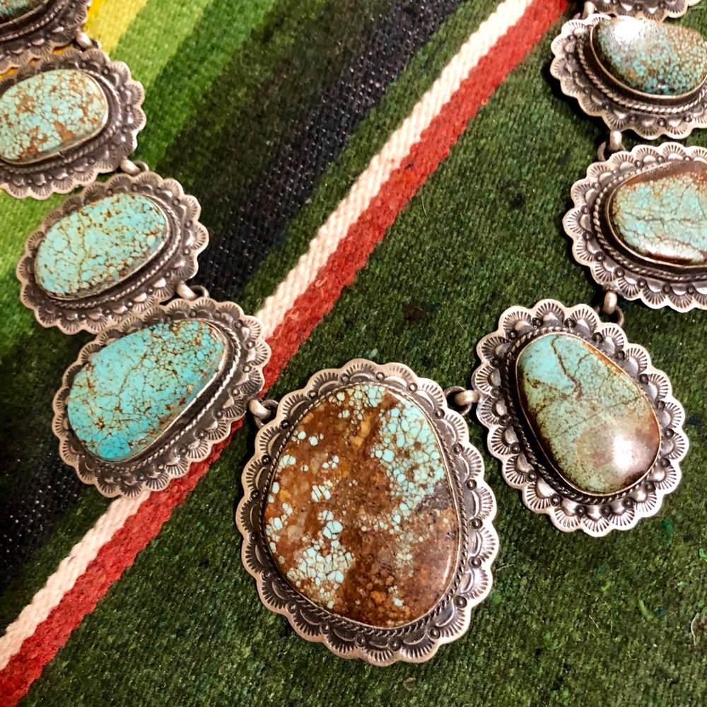 Turquoise #8 giant sterling  silver signed statement necklace squash Rodeo NFR - Picture 10 of 16